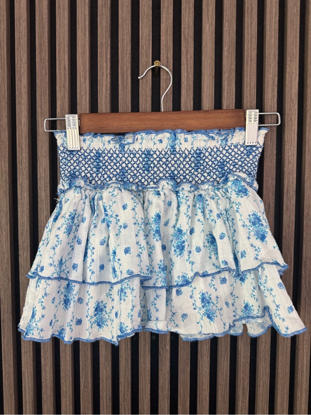 Katie J NYC White & Blue Floral Smocked Tiered Skirt